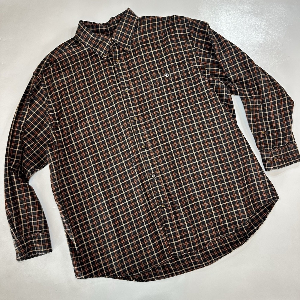 Orvis Men's XXL Plaid Button Down Shirt Black Orange‎ Check Wool Blend